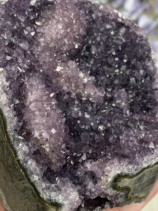 Amethyst over Calcite | Unique Formation | Cut Base Geode from Brazil from Curious Muse Crystals Tagged with aaa grade crystal, amethyst, Amethyst Cluster, amethyst on calcite, Brazilian amethyst, cut base amethyst, emotional balance, goethite amethyst, high grade, high vibrational, purple, spiritual protection, third eye, unique amethyst