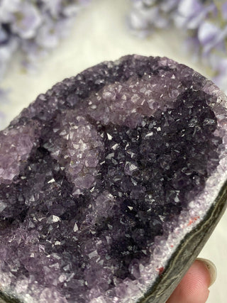 Amethyst over Calcite | Unique Formation | Cut Base Geode from Brazil from Curious Muse Crystals Tagged with aaa grade crystal, amethyst, Amethyst Cluster, amethyst on calcite, Brazilian amethyst, cut base amethyst, emotional balance, goethite amethyst, high grade, high vibrational, purple, spiritual protection, third eye, unique amethyst