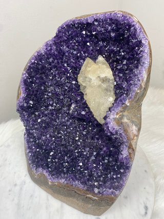 Deep Purple Amethyst with Calcite | Cut Base Geode from Uruguay from Curious Muse Crystals Tagged with aaa grade crystal, amethyst, Amethyst Cluster, calcite on amethyst, cut base amethyst, emotional balance, extra dark amethyst, goethite amethyst, high grade, high vibrational, purple, spiritual protection, third eye, unique amethyst, Uruguay geode