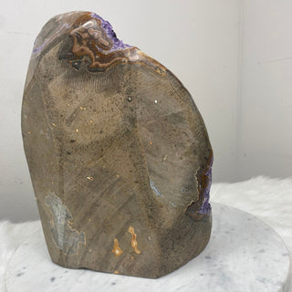 Deep Purple Amethyst with Calcite | Cut Base Geode from Uruguay from Curious Muse Crystals Tagged with aaa grade crystal, amethyst, Amethyst Cluster, calcite on amethyst, cut base amethyst, emotional balance, extra dark amethyst, goethite amethyst, high grade, high vibrational, purple, spiritual protection, third eye, unique amethyst, Uruguay geode