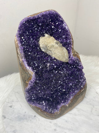 Deep Purple Amethyst with Calcite | Cut Base Geode from Uruguay from Curious Muse Crystals Tagged with aaa grade crystal, amethyst, Amethyst Cluster, calcite on amethyst, cut base amethyst, emotional balance, extra dark amethyst, goethite amethyst, high grade, high vibrational, purple, spiritual protection, third eye, unique amethyst, Uruguay geode