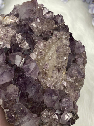 Amethyst with Calcite and Goethite | Brazil from Curious Muse Crystals Tagged with aaa grade crystal, amethyst, Amethyst Cluster, calcite on amethyst, cut base amethyst, emotional balance, extra dark amethyst, fine mineral, goethite amethyst, high grade, high vibrational, purple, raw mineral, spiritual protection, third eye, unique amethyst, Uruguay geode