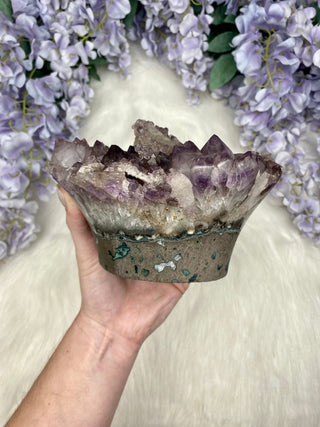 Amethyst with Calcite and Goethite | Brazil from Curious Muse Crystals Tagged with aaa grade crystal, amethyst, Amethyst Cluster, calcite on amethyst, cut base amethyst, emotional balance, extra dark amethyst, fine mineral, goethite amethyst, high grade, high vibrational, purple, raw mineral, spiritual protection, third eye, unique amethyst, Uruguay geode