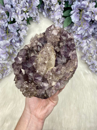 Amethyst with Calcite and Goethite | Brazil from Curious Muse Crystals Tagged with aaa grade crystal, amethyst, Amethyst Cluster, calcite on amethyst, cut base amethyst, emotional balance, extra dark amethyst, fine mineral, goethite amethyst, high grade, high vibrational, purple, raw mineral, spiritual protection, third eye, unique amethyst, Uruguay geode