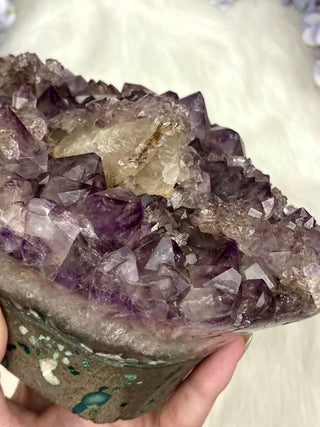 Amethyst with Calcite and Goethite | Brazil from Curious Muse Crystals Tagged with aaa grade crystal, amethyst, Amethyst Cluster, calcite on amethyst, cut base amethyst, emotional balance, extra dark amethyst, fine mineral, goethite amethyst, high grade, high vibrational, purple, raw mineral, spiritual protection, third eye, unique amethyst, Uruguay geode