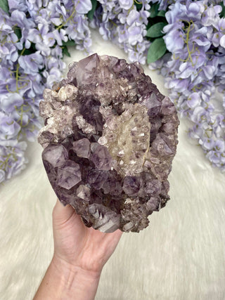 Amethyst with Calcite and Goethite | Brazil from Curious Muse Crystals Tagged with aaa grade crystal, amethyst, Amethyst Cluster, calcite on amethyst, cut base amethyst, emotional balance, extra dark amethyst, fine mineral, goethite amethyst, high grade, high vibrational, purple, raw mineral, spiritual protection, third eye, unique amethyst, Uruguay geode