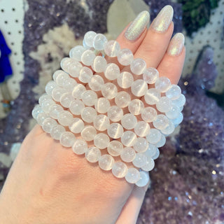Selenite 8mm Round Bead Crystal Bracelet from Curious Muse Crystals Tagged with 8mm bead, 8mm beads, 8mm bracelet, aura clearing, bracelet, cleansing crystal, clear, crystal bracelet, crystal jewelry, energy light work, gemstone bead, gemstone jewelry, healing jewelry, satin spar jewelry, selenite, selenite bead jewel, selenite bracelet, white