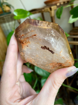 Dreamcoat Lemurian Generator - Polished Brazilian Tower Crystal from Curious Muse Crystals Tagged with clear, clear brazil quartz, dreamcoat lemurian, goethite rutile, hematite amethyst, hide-notify-btn, lemurian, lemurian generator, lemurian seed, purple, red, secondary growth, super seven, synergy seven, yellow