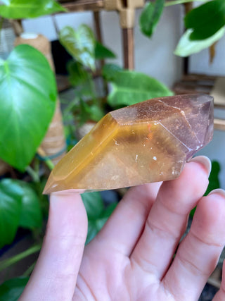 Dreamcoat Lemurian Generator - Polished Brazilian Tower Crystal from Curious Muse Crystals Tagged with clear, clear brazil quartz, dreamcoat lemurian, goethite rutile, hematite amethyst, hide-notify-btn, lemurian, lemurian generator, lemurian seed, purple, red, secondary growth, super seven, synergy seven, yellow