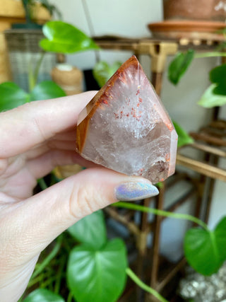 Dreamcoat Lemurian Generator - Polished Brazilian Tower Crystal from Curious Muse Crystals Tagged with clear, clear brazil quartz, dreamcoat lemurian, goethite rutile, hematite amethyst, hide-notify-btn, lemurian, lemurian generator, lemurian seed, purple, red, secondary growth, super seven, synergy seven, yellow