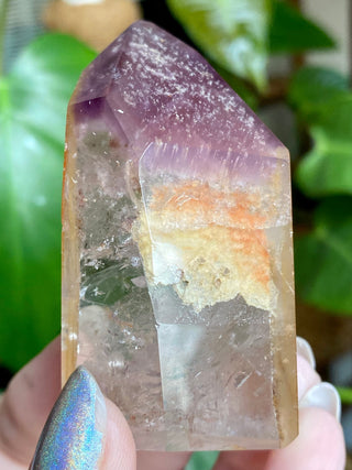 Dreamcoat Lemurian Generator - Polished Brazilian Tower Crystal from Curious Muse Crystals Tagged with clear, clear brazil quartz, dreamcoat lemurian, goethite rutile, hematite amethyst, hide-notify-btn, lemurian, lemurian generator, lemurian seed, purple, red, secondary growth, super seven, synergy seven, yellow