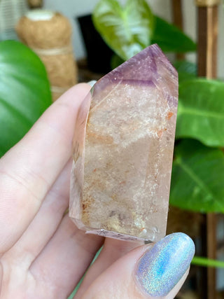 Dreamcoat Lemurian Generator - Polished Brazilian Tower Crystal from Curious Muse Crystals Tagged with clear, clear brazil quartz, dreamcoat lemurian, goethite rutile, hematite amethyst, hide-notify-btn, lemurian, lemurian generator, lemurian seed, purple, red, secondary growth, super seven, synergy seven, yellow