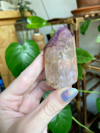 Dreamcoat Lemurian Generator - Polished Brazilian Tower Crystal from Curious Muse Crystals Tagged with clear, clear brazil quartz, dreamcoat lemurian, goethite rutile, hematite amethyst, hide-notify-btn, lemurian, lemurian generator, lemurian seed, purple, red, secondary growth, super seven, synergy seven, yellow