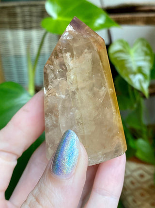 Dreamcoat Lemurian Generator - Polished Brazilian Tower Crystal from Curious Muse Crystals Tagged with clear, clear brazil quartz, dreamcoat lemurian, goethite rutile, hematite amethyst, hide-notify-btn, lemurian, lemurian generator, lemurian seed, purple, red, secondary growth, super seven, synergy seven, yellow
