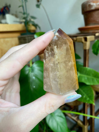 Dreamcoat Lemurian Generator - Polished Brazilian Tower Crystal from Curious Muse Crystals Tagged with clear, clear brazil quartz, dreamcoat lemurian, goethite rutile, hematite amethyst, hide-notify-btn, lemurian, lemurian generator, lemurian seed, purple, red, secondary growth, super seven, synergy seven, yellow
