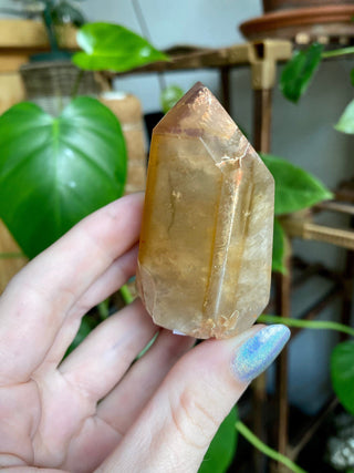 Dreamcoat Lemurian Generator - Polished Brazilian Tower Crystal from Curious Muse Crystals Tagged with clear, clear brazil quartz, dreamcoat lemurian, goethite rutile, hematite amethyst, hide-notify-btn, lemurian, lemurian generator, lemurian seed, purple, red, secondary growth, super seven, synergy seven, yellow