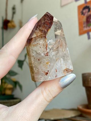 Dreamcoat Lemurian Generator - Polished Brazilian Tower Crystal from Curious Muse Crystals Tagged with clear, clear brazil quartz, dreamcoat lemurian, goethite rutile, hematite amethyst, hide-notify-btn, lemurian, lemurian generator, lemurian seed, purple, red, secondary growth, super seven, synergy seven, yellow