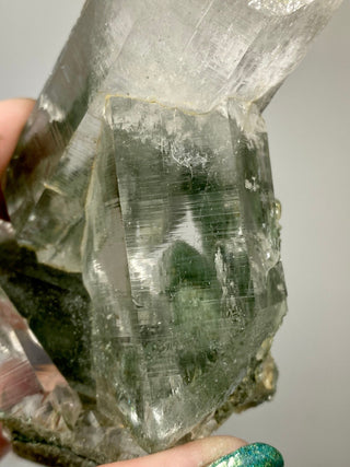 Nirvana Quartz Cluster with Green Chlorite Phantoms | High-Altitude Himalayan Crystal from Curious Muse Crystals Tagged with chlorite inclusion, clear, green, green Quartz, hand mined crystal, hide-notify-btn, high altitude quartz, High vibration stone, Himalayan Quartz, manifesting Quartz, Nirvana Quartz