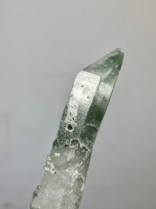 Epidote on Nirvana Quartz Point with Green Chlorite Phantoms - High Altitude Himalayan Crystal from Curious Muse Crystals Tagged with chlorite, clear, epidote, green, hide-notify-btn, high altitude quartz, Himalayan quartz, nirvana quartz, quartz