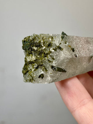 Epidote on Nirvana Quartz Point with Green Chlorite Phantoms - High Altitude Himalayan Crystal from Curious Muse Crystals Tagged with chlorite, clear, epidote, green, hide-notify-btn, high altitude quartz, Himalayan quartz, nirvana quartz, quartz