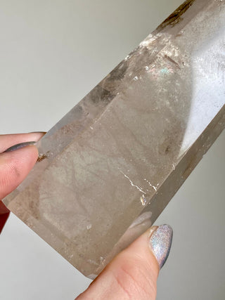 Lemurian Quartz Polished Tower | Rainbow Inclusions | Six Side Generator from Curious Muse Crystals Tagged with clear, clear quartz, Crown crystal, hide-notify-btn, lemurian, lemurian generator, Lemurian Quartz, lemurian seed, rainbow, tower