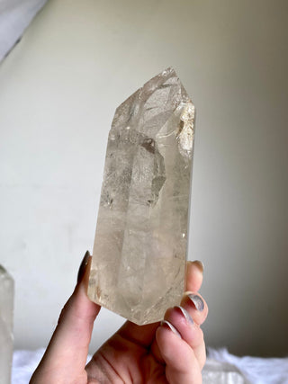 Lemurian Quartz Polished Tower | Rainbow Inclusions | Six Side Generator from Curious Muse Crystals Tagged with clear, clear quartz, Crown crystal, hide-notify-btn, lemurian, lemurian generator, Lemurian Quartz, lemurian seed, rainbow, tower