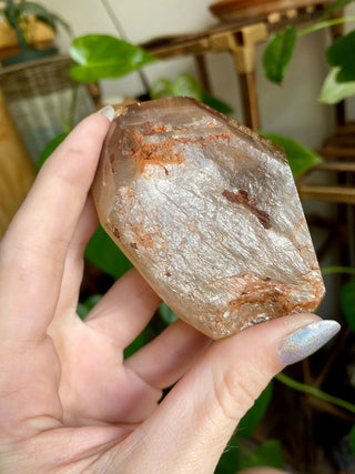 Dreamcoat Lemurian Generator - Polished Brazilian Tower Crystal from Curious Muse Crystals Tagged with clear, clear brazil quartz, dreamcoat lemurian, goethite rutile, hematite amethyst, hide-notify-btn, lemurian, lemurian generator, lemurian seed, purple, red, secondary growth, super seven, synergy seven, yellow