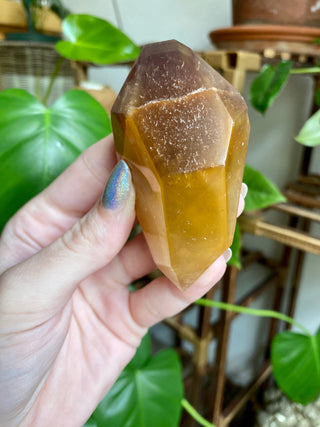 Dreamcoat Lemurian Generator - Polished Brazilian Tower Crystal from Curious Muse Crystals Tagged with clear, clear brazil quartz, dreamcoat lemurian, goethite rutile, hematite amethyst, hide-notify-btn, lemurian, lemurian generator, lemurian seed, purple, red, secondary growth, super seven, synergy seven, yellow