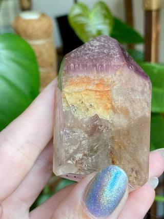Dreamcoat Lemurian Generator - Polished Brazilian Tower Crystal from Curious Muse Crystals Tagged with clear, clear brazil quartz, dreamcoat lemurian, goethite rutile, hematite amethyst, hide-notify-btn, lemurian, lemurian generator, lemurian seed, purple, red, secondary growth, super seven, synergy seven, yellow