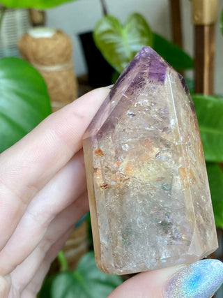 Dreamcoat Lemurian Generator - Polished Brazilian Tower Crystal from Curious Muse Crystals Tagged with clear, clear brazil quartz, dreamcoat lemurian, goethite rutile, hematite amethyst, hide-notify-btn, lemurian, lemurian generator, lemurian seed, purple, red, secondary growth, super seven, synergy seven, yellow