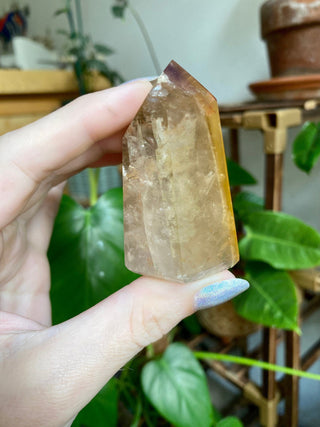 Dreamcoat Lemurian Generator - Polished Brazilian Tower Crystal from Curious Muse Crystals Tagged with clear, clear brazil quartz, dreamcoat lemurian, goethite rutile, hematite amethyst, hide-notify-btn, lemurian, lemurian generator, lemurian seed, purple, red, secondary growth, super seven, synergy seven, yellow