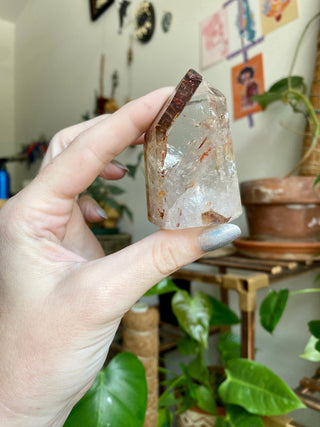 Dreamcoat Lemurian Generator - Polished Brazilian Tower Crystal from Curious Muse Crystals Tagged with clear, clear brazil quartz, dreamcoat lemurian, goethite rutile, hematite amethyst, hide-notify-btn, lemurian, lemurian generator, lemurian seed, purple, red, secondary growth, super seven, synergy seven, yellow