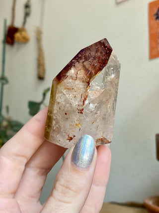Dreamcoat Lemurian Generator - Polished Brazilian Tower Crystal from Curious Muse Crystals Tagged with clear, clear brazil quartz, dreamcoat lemurian, goethite rutile, hematite amethyst, hide-notify-btn, lemurian, lemurian generator, lemurian seed, purple, red, secondary growth, super seven, synergy seven, yellow