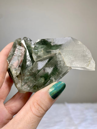 Nirvana Quartz Cluster with Green Chlorite Phantoms | High-Altitude Himalayan Crystal from Curious Muse Crystals Tagged with chlorite inclusion, clear, green, green Quartz, hand mined crystal, hide-notify-btn, high altitude quartz, High vibration stone, Himalayan Quartz, manifesting Quartz, Nirvana Quartz