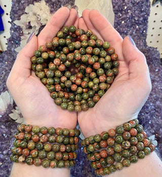 Unakite 8mm Round Bead Crystal Bracelet - Harmony & Alignment from Curious Muse Crystals Tagged with 8mm beads, balance stone, bracelet, crystal bracelet, crystal jewelry, epidote, gemstone bead, gemstone jewelry, green, healing jewelry, heart chakra, heart healing, natural crystal, pink, pink orthoclase, unakite, Unakite jewelry