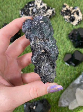 Erongo Fluorite with Tourmaline - High Grade from Curious Muse Crystals Tagged with black, erongo, fine mineral, fluorite, green, hide-notify-btn, namibia, raw, tourmaline