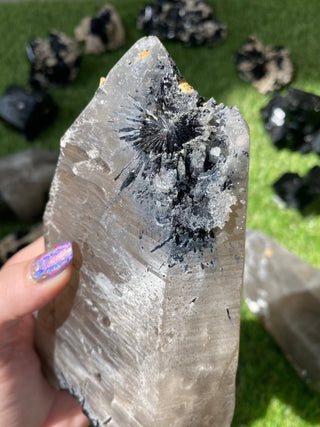 Quartz with Fluorite, Tourmaline and Hyalite Opal from Madagascar - High Grade Collector Mineral from Curious Muse Crystals Tagged with black, clear, clear quartz, crystal energy, fine mineral, green, hide-notify-btn, hyalite, inclusion quartz, Madagascar, opal, purple, quartz, reiki healing, tourmaline, uv reactive