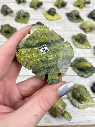 Serpentine Frog on Leaf Carving from Peru from Curious Muse Crystals Tagged with animal carving, frog carving, green, Peru, serpentine