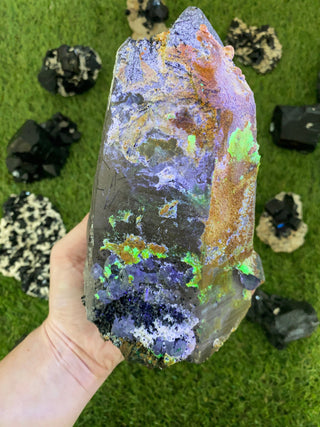 Quartz with Fluorite, Tourmaline and Hyalite Opal from Madagascar - High Grade Collector Mineral from Curious Muse Crystals Tagged with black, clear, clear quartz, crystal energy, fine mineral, green, hide-notify-btn, hyalite, inclusion quartz, Madagascar, opal, purple, quartz, reiki healing, tourmaline, uv reactive
