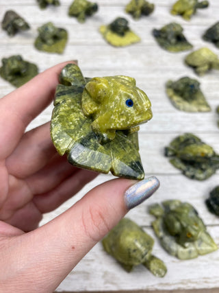 Serpentine Frog on Leaf Carving from Peru from Curious Muse Crystals Tagged with animal carving, frog carving, green, Peru, serpentine