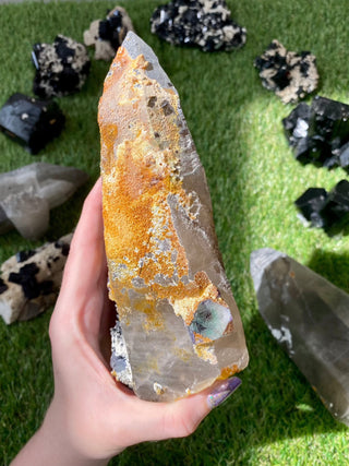 Quartz with Fluorite, Tourmaline and Hyalite Opal from Madagascar - High Grade Collector Mineral from Curious Muse Crystals Tagged with black, clear, clear quartz, crystal energy, fine mineral, green, hide-notify-btn, hyalite, inclusion quartz, Madagascar, opal, purple, quartz, reiki healing, tourmaline, uv reactive
