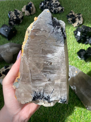 Quartz with Fluorite, Tourmaline and Hyalite Opal from Madagascar - High Grade Collector Mineral from Curious Muse Crystals Tagged with black, clear, clear quartz, crystal energy, fine mineral, green, hide-notify-btn, hyalite, inclusion quartz, Madagascar, opal, purple, quartz, reiki healing, tourmaline, uv reactive