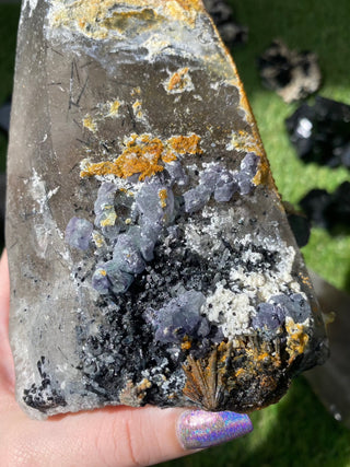 Quartz with Fluorite, Tourmaline and Hyalite Opal from Madagascar - High Grade Collector Mineral from Curious Muse Crystals Tagged with black, clear, clear quartz, crystal energy, fine mineral, green, hide-notify-btn, hyalite, inclusion quartz, Madagascar, opal, purple, quartz, reiki healing, tourmaline, uv reactive