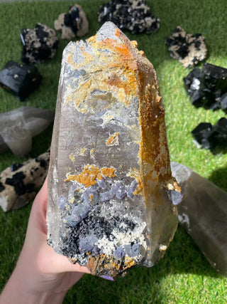 Quartz with Fluorite, Tourmaline and Hyalite Opal from Madagascar - High Grade Collector Mineral from Curious Muse Crystals Tagged with black, clear, clear quartz, crystal energy, fine mineral, green, hide-notify-btn, hyalite, inclusion quartz, Madagascar, opal, purple, quartz, reiki healing, tourmaline, uv reactive