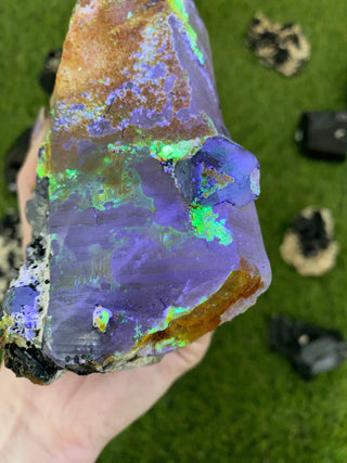 Quartz with Fluorite, Tourmaline and Hyalite Opal from Madagascar - High Grade Collector Mineral from Curious Muse Crystals Tagged with black, clear, clear quartz, crystal energy, fine mineral, green, hide-notify-btn, hyalite, inclusion quartz, Madagascar, opal, purple, quartz, reiki healing, tourmaline, uv reactive