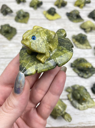 Serpentine Frog on Leaf Carving from Peru from Curious Muse Crystals Tagged with animal carving, frog carving, green, Peru, serpentine