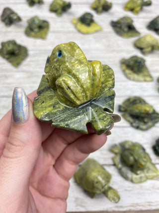 Serpentine Frog on Leaf Carving from Peru from Curious Muse Crystals Tagged with animal carving, frog carving, green, Peru, serpentine