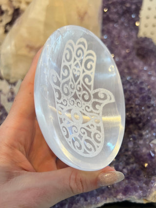 Selenite Etched Hamsa Oval Bowl | Satin Spar Gypsum