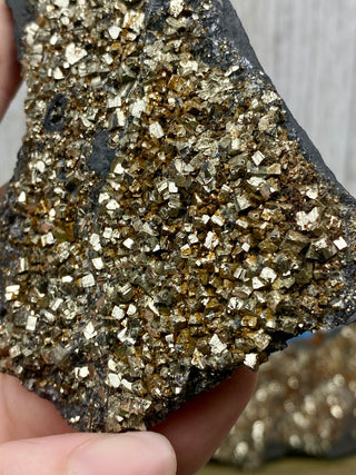 Pyrite on Shungite Raw Layered Plate | Brazil from Curious Muse Crystals Tagged with abundance, black, brazil, cleansing, gold, manifestation, purification, pyrite, shungite