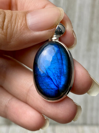 Blue Flash Labradorite in Sterling Silver Pendant from Curious Muse Crystals Tagged with big crystal necklace, blue, blue crystal jewelry, blue labradorite, crystal energy, Crystal Jewelry, full flash lab, Labradorite, Pendant, reiki healing, silver crystal jewel, Sterling, sterling silver
